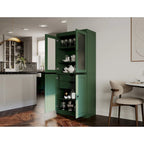Armario despensa 100 % de madera maciza con puertas de vidrio esmerilado, puertas sólidas, 2 cajones y estantes ajustables