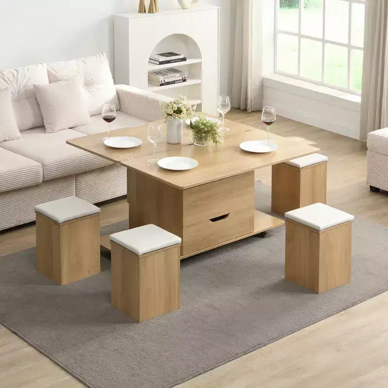 Multifunctionele moderne salontafel met hefbaar blad en verborgen opbergruimte, 4 krukken en zwenkwielen, perfect voor moderne woonruimtes