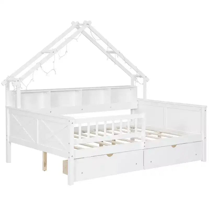 Estructura de cama tipo casita de tamaño completo con cajones, cama plataforma tipo casita con luces LED, estantes y cajones de almacenamiento, diván de madera con techo y barandilla