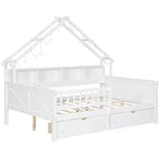 Estructura de cama tipo casita de tamaño completo con cajones, cama plataforma tipo casita con luces LED, estantes y cajones de almacenamiento, diván de madera con techo y barandilla