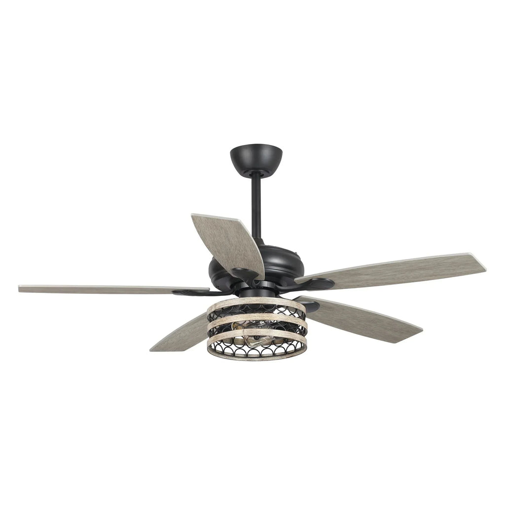 52 Deckenventilator im Landhausstil mit Treibholzoptik, 5 schwarzen Flügeln, Käfigdesign und Fernbedienung