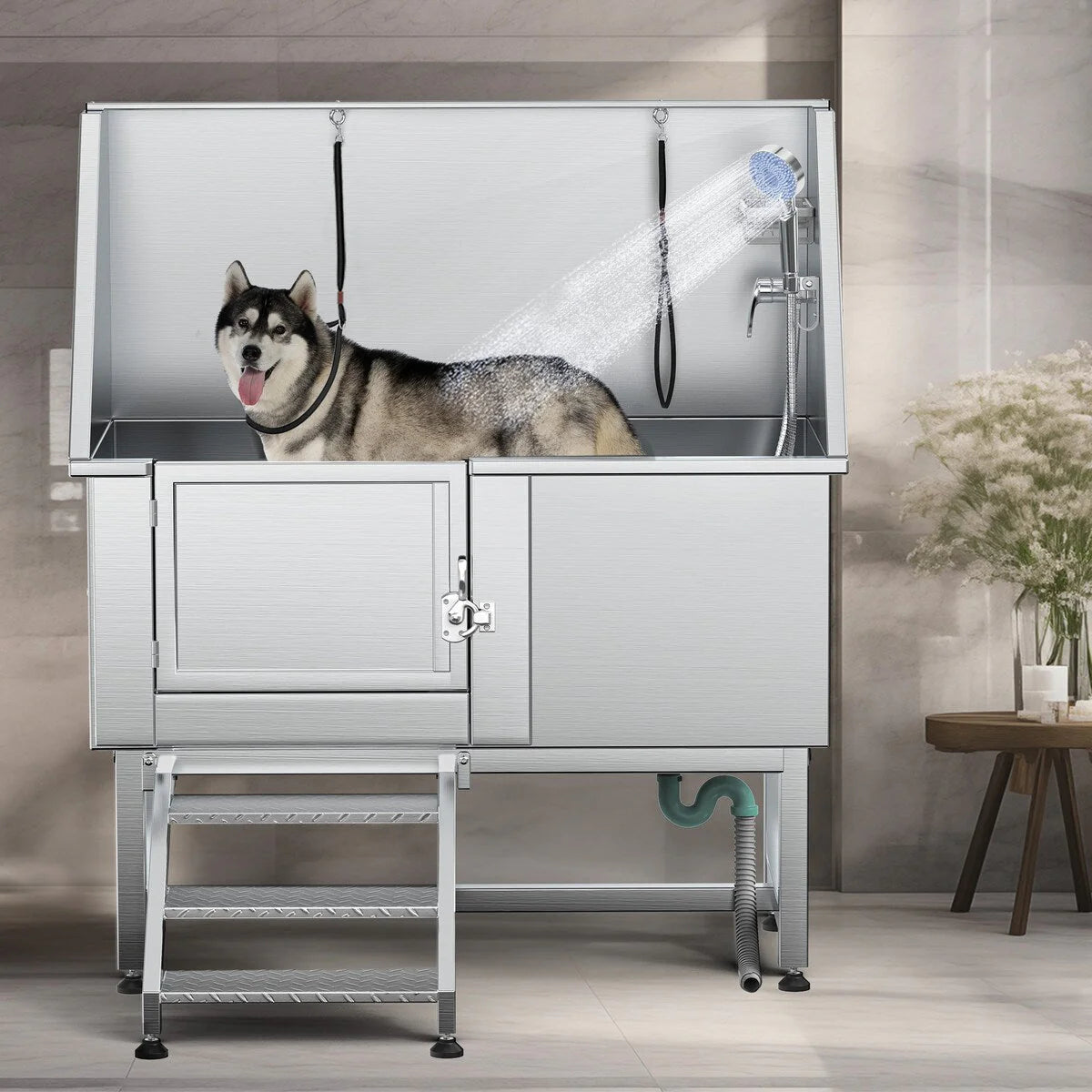 50″ W höhenverstellbare Edelstahl-Pflegetrumanne für Haustiere mit Stufenrampe