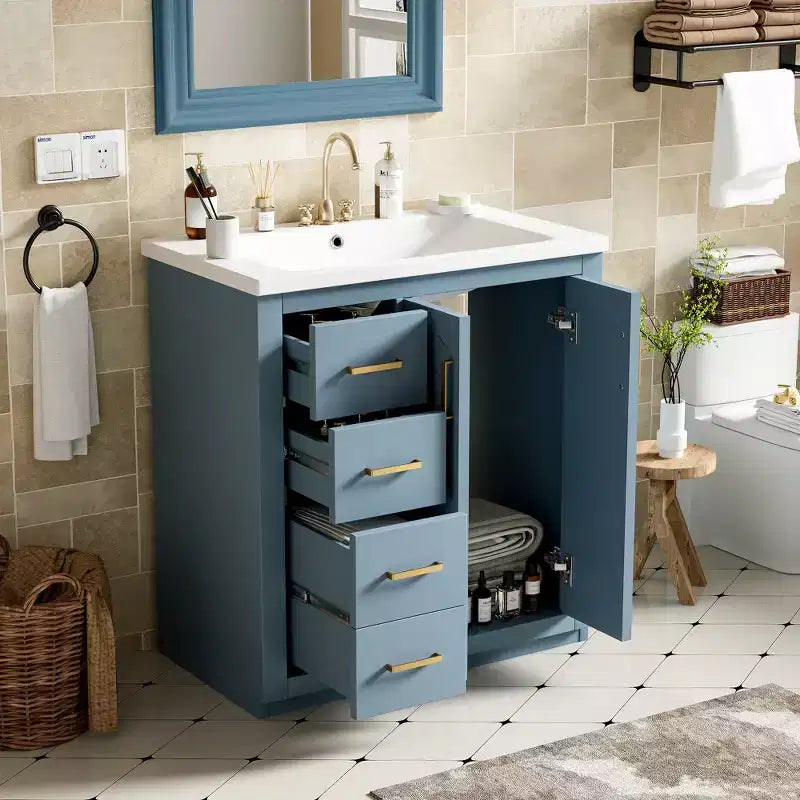 Meuble-lavabo de salle de bains de 30 po à lavabo simple, avec armoire et 3 tiroirs – noir / bleu / vert / indigo / blanc