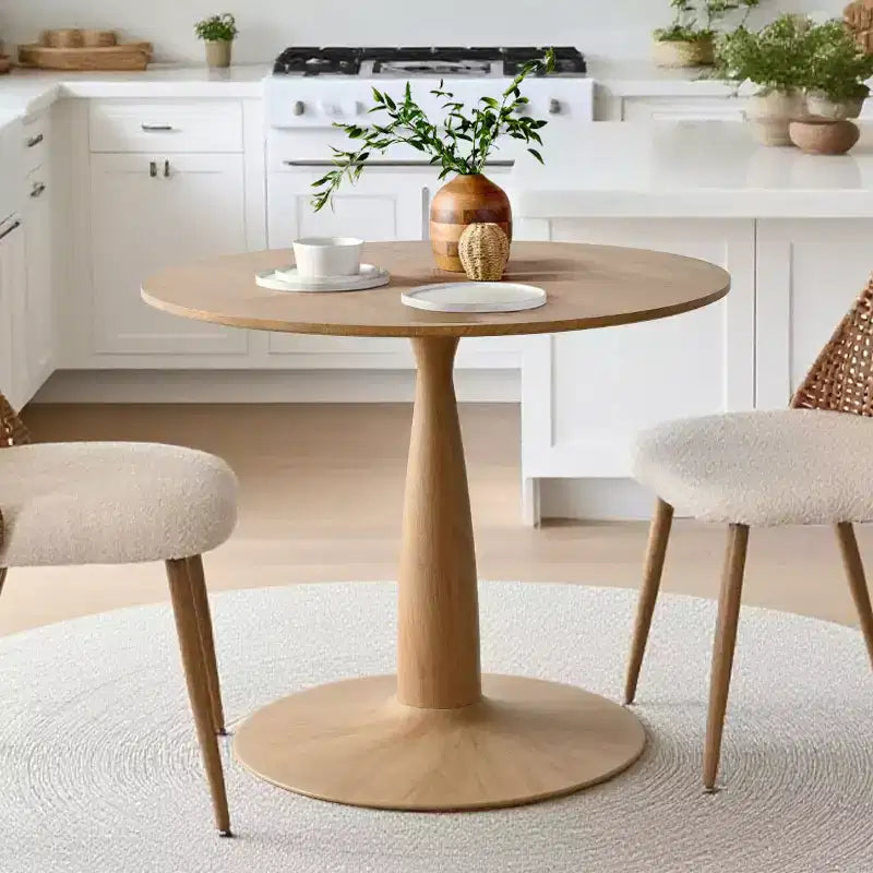 Moderner runder Esstisch mit Mittelsäule und Holzmaserung, kleiner Küchentisch und Couchtisch für Wohnung, Esszimmer und Wohnbereich – Panipeachy