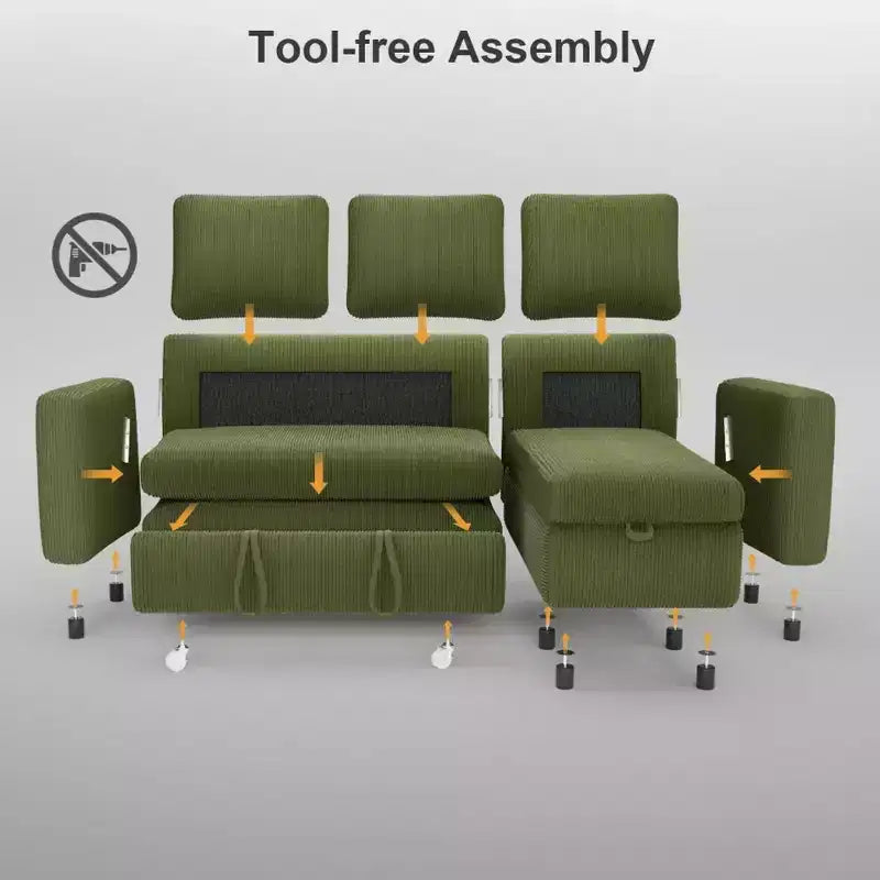 Sofá cama extraíble 2 en 1 Dyonery con chaise longue con almacenamiento, sofá seccional de pana C con puertos USB para sala de estar