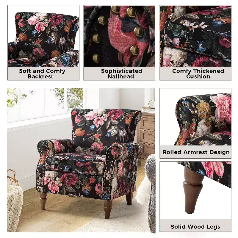 Poltrona tradizionale Araceli in legno, rivestita con motivo floreale, con schienale alto e bordatura a borchie| ART OF LIVING DESIGNS