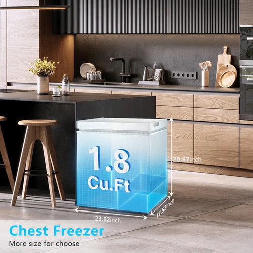 Congelador horizontal de 1,8 pies cúbicos con cesta extraíble, desagüe inferior, termostato de 7 niveles y diseño independiente para el hogar y el apartamento