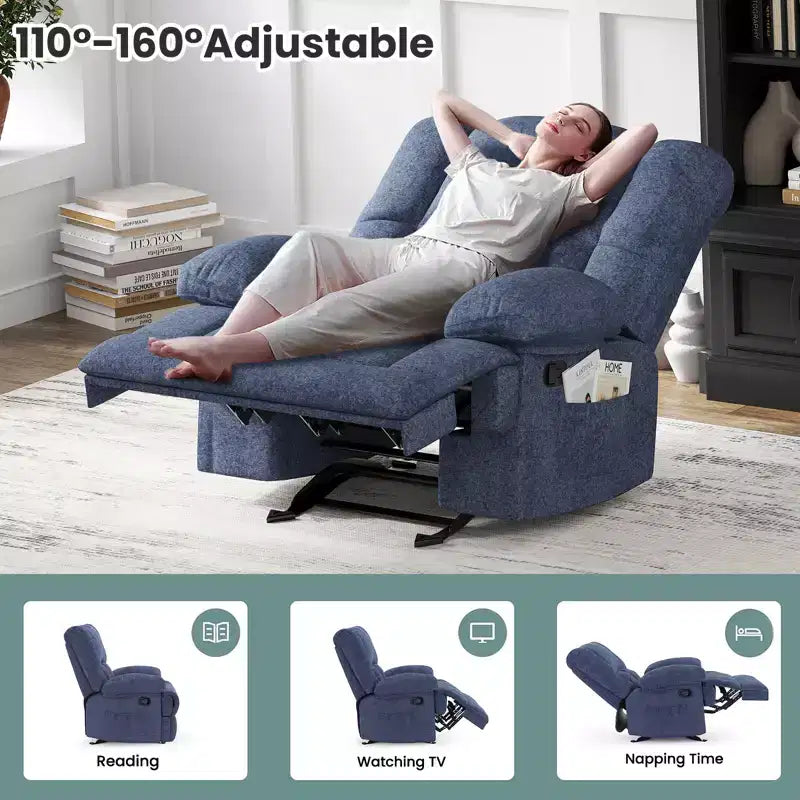 Blauwe extra grote relaxfauteuil met schommelmechanisme en chenillebekleding