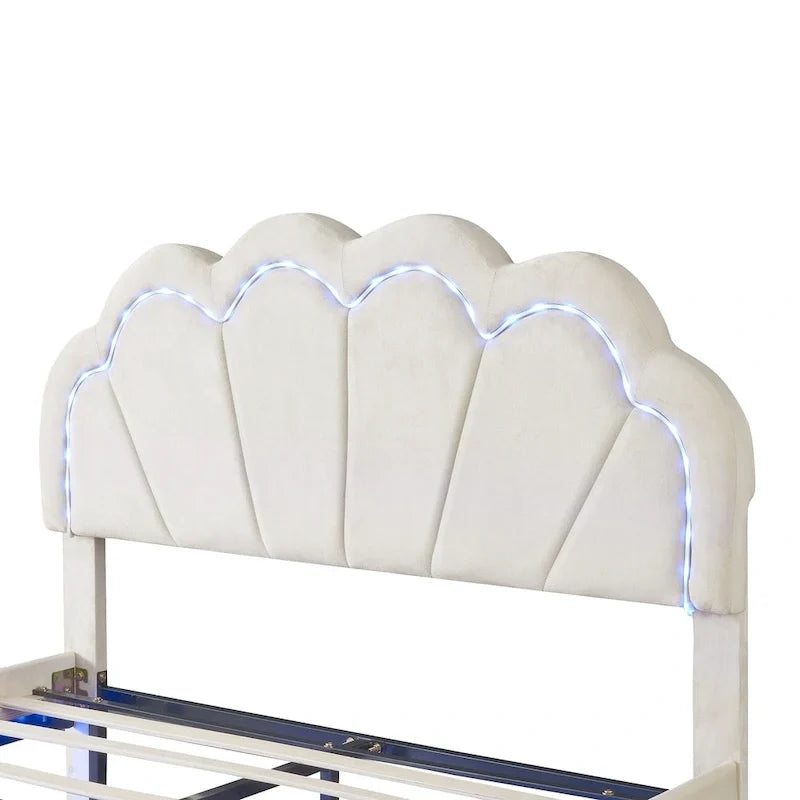 Set da camera da letto in 2 pezzi, letto a piattaforma matrimoniale LED con pouf contenitore