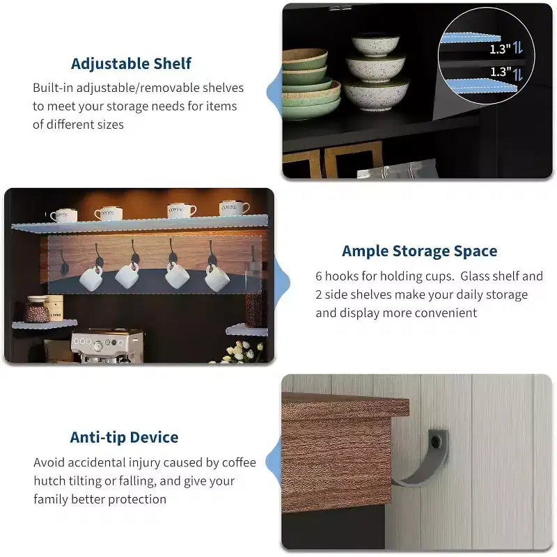 Mobile bar da caffè alto 72" in stile rustico con luci LED, credenza da cucina con ante e cassetto, ripiani regolabili, ampio spazio di archiviazione