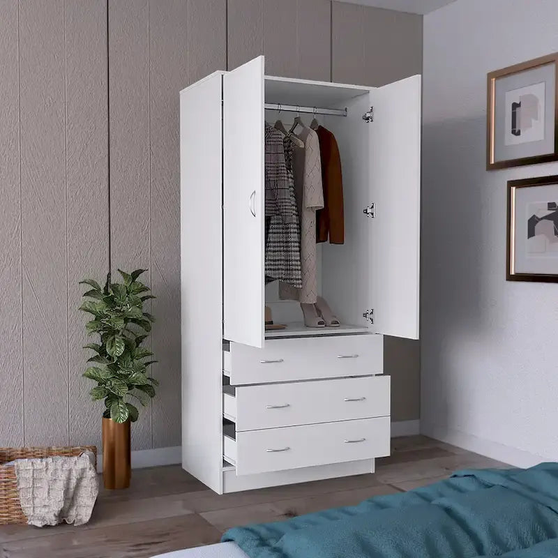 Armario moderno de dos puertas 19 con 3 cajones y 1 barra para colgar, para dormitorio