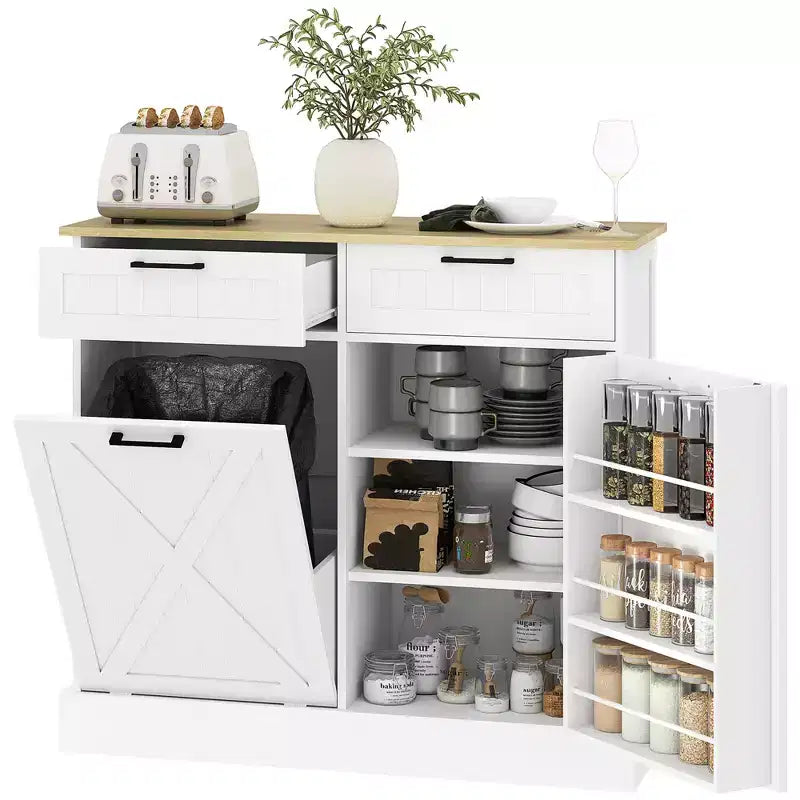 Mobile HOMCOM copri pattumiera con apertura a ribalta e cassetti, mobile da cucina in stile rustico con pattumiera nascosta per cucina