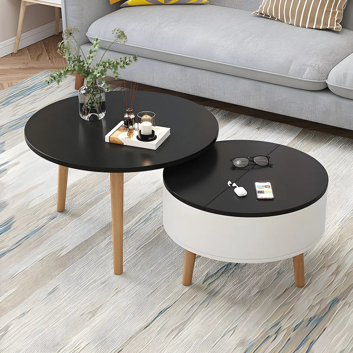 Tavolino da caffè moderno rotondo in legno bianco e nero con contenitore