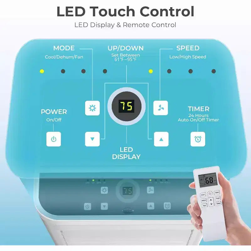 Tragbare Klimaanlage mit 8.000 BTU, 3-in-1-Gerät mit 4 Modi, Timer, LED-Display, Fernbedienung und Installationsset, für Schlafzimmer, Wohnzimmer oder Büro, Weiß.