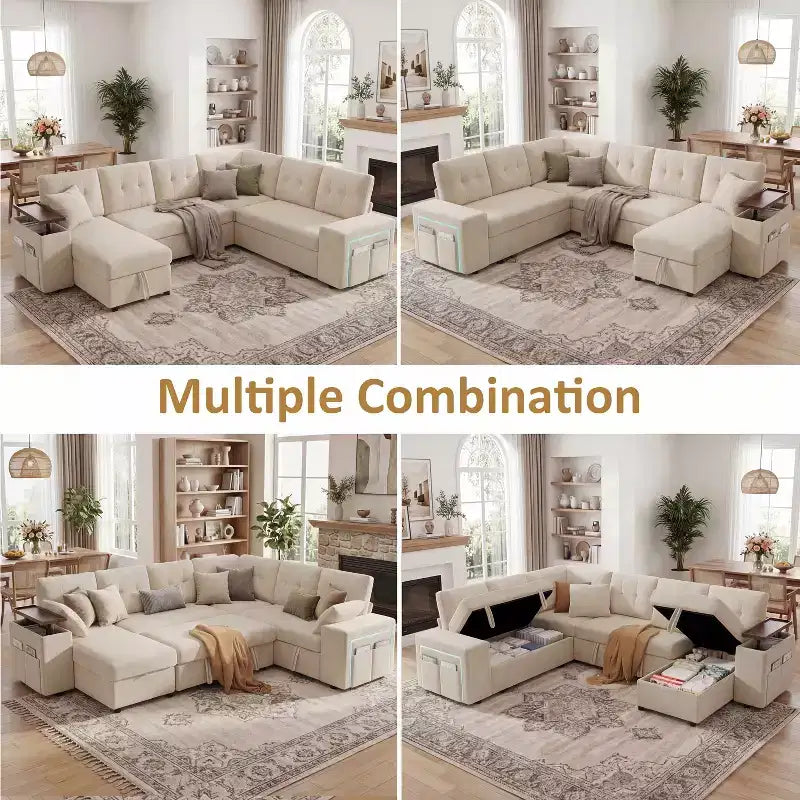 Divano componibile letto modulare Dyonery 112 con letto estraibile, divano componibile a U con contenitore, sedute extra larghe e profonde per il soggiorno