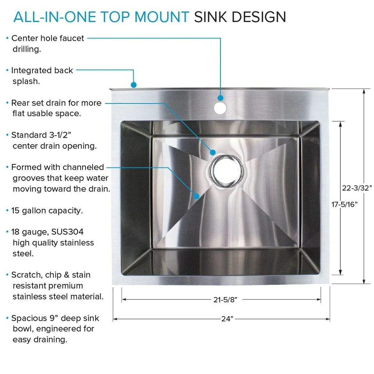Lavatoio e supporto per lavatoio in acciaio inox, L 24 x P 22 x H 35 pollici