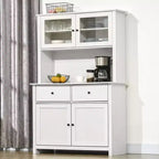 Credenza da cucina HOMCOM da 63,5" con alzata, mobile dispensa con 4 ripiani, cassetti, ante in vetro con cornice, piano aperto per microonde