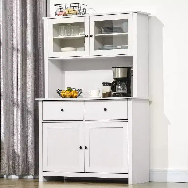 Credenza da cucina HOMCOM da 63,5" con alzata, mobile dispensa con 4 ripiani, cassetti, ante in vetro con cornice, piano aperto per microonde