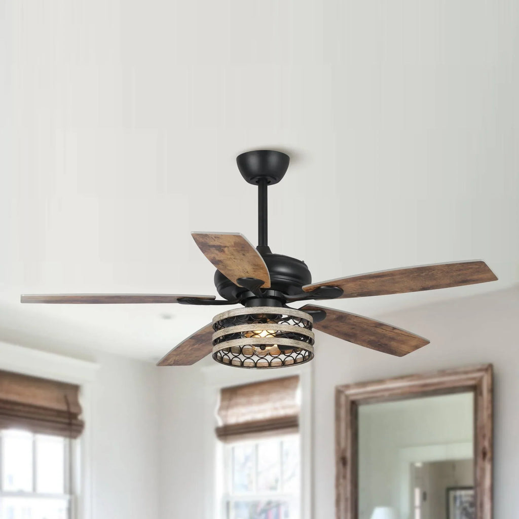 52 Deckenventilator im Landhausstil mit Treibholzoptik, 5 schwarzen Flügeln, Käfigdesign und Fernbedienung