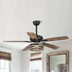 52 Deckenventilator im Landhausstil mit Treibholzoptik, 5 schwarzen Flügeln, Käfigdesign und Fernbedienung