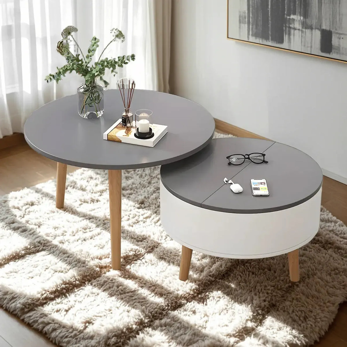 Tavolino da caffè moderno rotondo in legno bianco e nero con contenitore