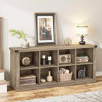 Libreria organizer con 8 scomparti, mobile orizzontale in stile rustico, libreria in legno da 62 pollici con vani portaoggetti per ingresso, libreria lunga e bassa per soggiorno