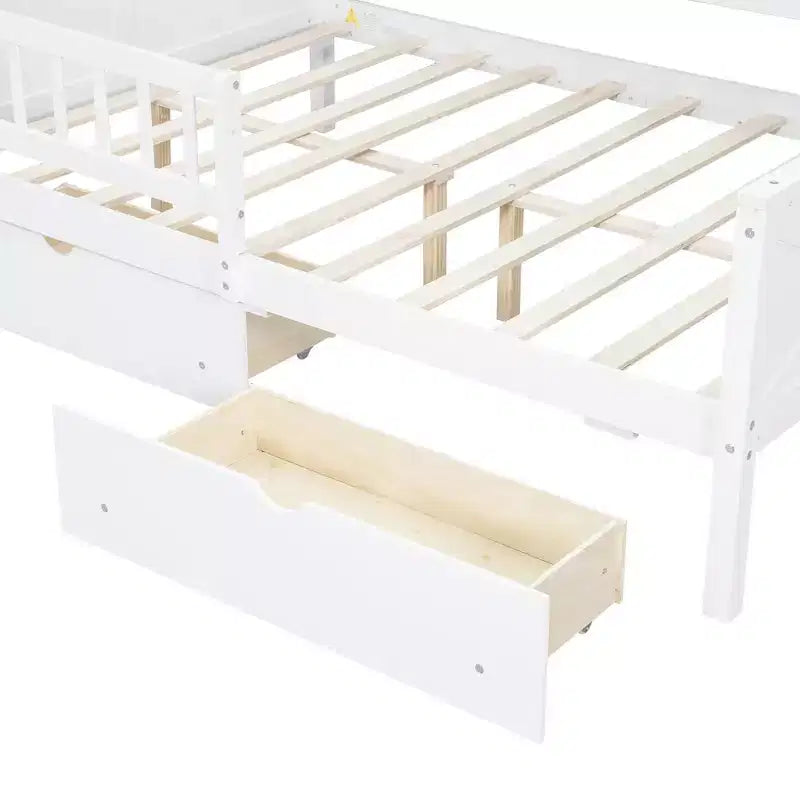 Estructura de cama tipo casita de tamaño completo con cajones, cama plataforma tipo casita con luces LED, estantes y cajones de almacenamiento, diván de madera con techo y barandilla
