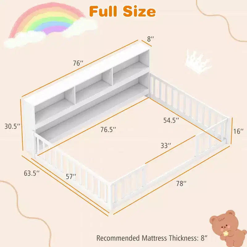 Montessori-Bodenbett in Twin-/Full-Größe mit Bücherregal, Stauraumfächern und Sicherheitsgittern, Weiß/Grau