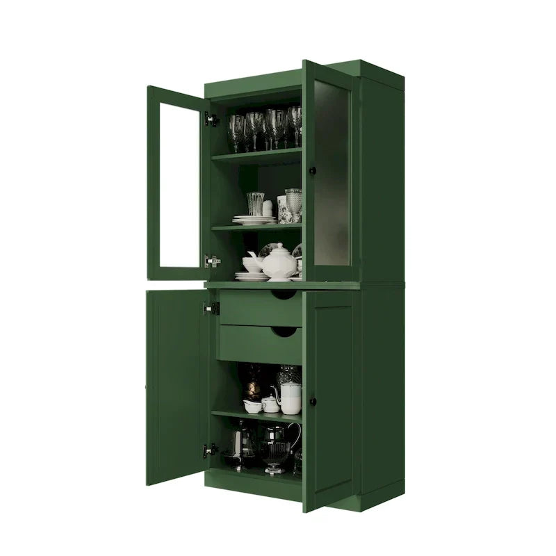 Armario despensa 100 % de madera maciza con puertas de vidrio esmerilado, puertas sólidas, 2 cajones y estantes ajustables