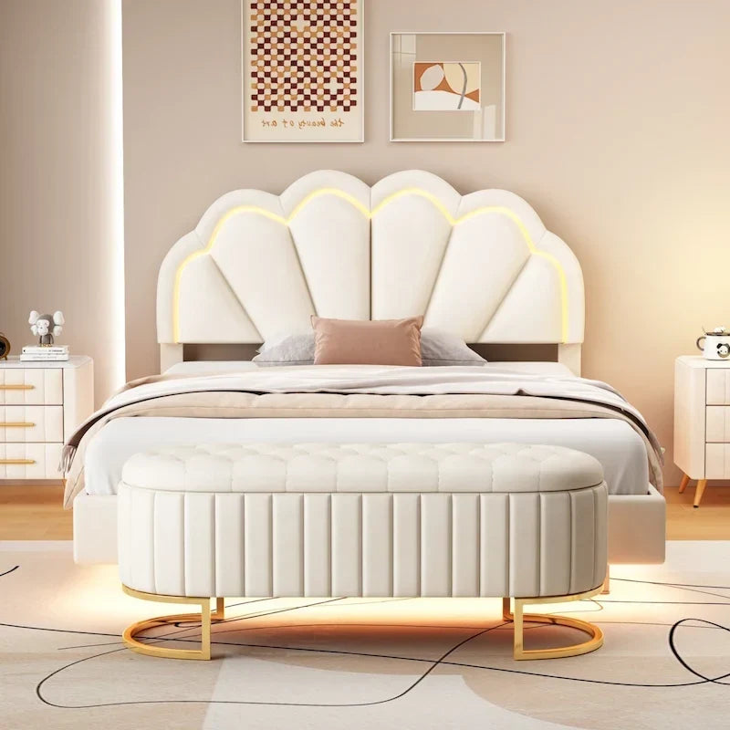 Set da camera da letto in 2 pezzi, letto a piattaforma matrimoniale LED con pouf contenitore