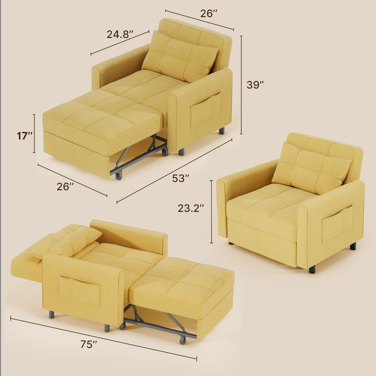 3-in-1-säädettävä vuodesohva, ulosvedettävä tuolisohva, muunnettava kokoontaitettava vuode olohuoneeseen