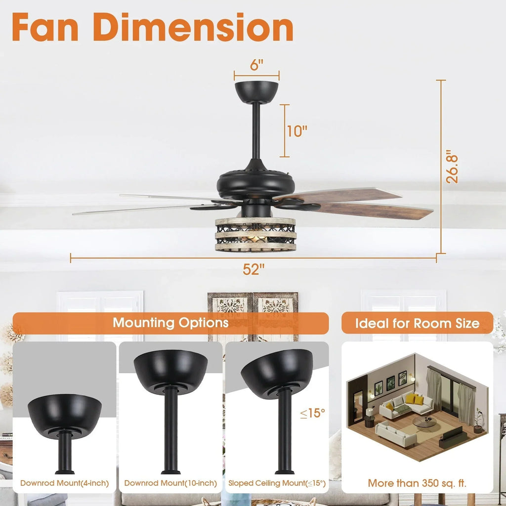 52 Deckenventilator im Landhausstil mit Treibholzoptik, 5 schwarzen Flügeln, Käfigdesign und Fernbedienung