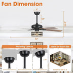 52 Deckenventilator im Landhausstil mit Treibholzoptik, 5 schwarzen Flügeln, Käfigdesign und Fernbedienung