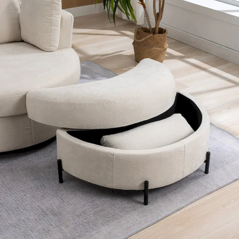 Sillón decorativo giratorio tapizado de 42.3W con 4 cojines y otomana de almacenamiento en forma de media luna
