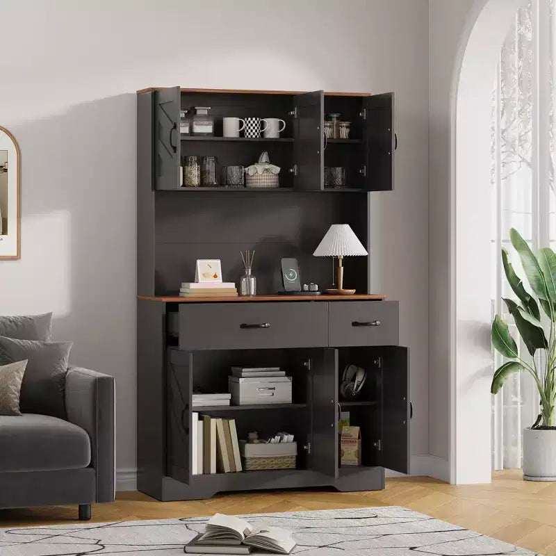 Mobile dispensa da cucina da 71 pollici con stazione di ricarica, ampio piano d'appoggio, supporto per microonde e 2 cassetti, mobile a credenza per sala da pranzo e soggiorno