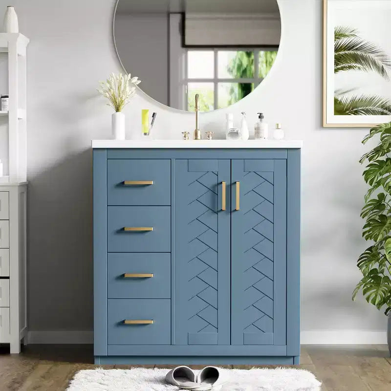 Meuble-lavabo de salle de bains de 30 po à lavabo simple, avec armoire et 3 tiroirs – noir / bleu / vert / indigo / blanc