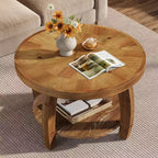 Table basse ronde Lantine en bois massif, table centrale à 2 niveaux avec rangement, plateau de 31,5 pouces à motif mosaïque, montage facile, pour le salon, marron