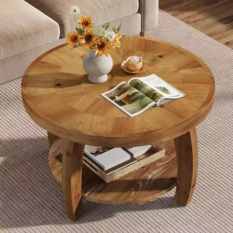 Tavolino rotondo Lantine in legno massello, tavolo da centro a 2 livelli con contenitore, piano da 31,5 pollici con motivo a mosaico, facile da assemblare, per soggiorno, marrone