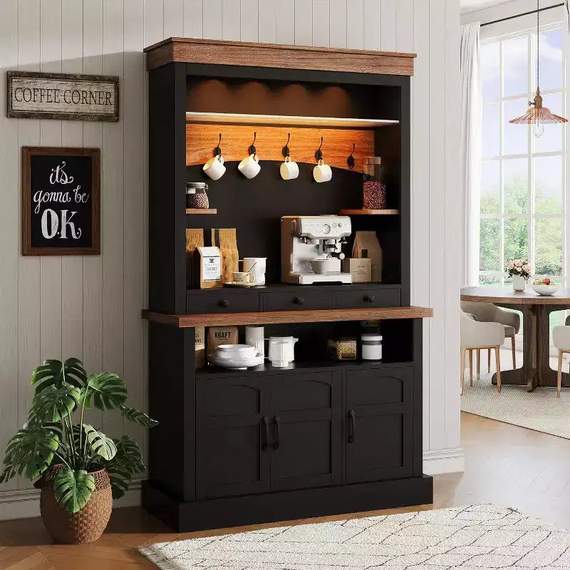 Mobile bar da caffè alto 72" in stile rustico con luci LED, credenza da cucina con ante e cassetto, ripiani regolabili, ampio spazio di archiviazione