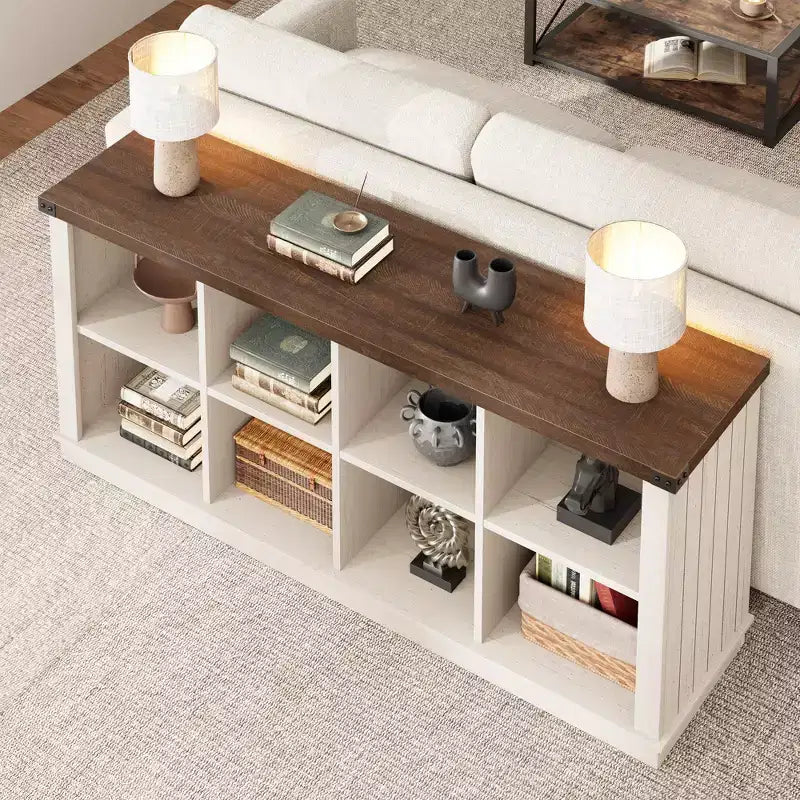 Libreria organizer con 8 scomparti, mobile orizzontale in stile rustico, libreria in legno da 62 pollici con vani portaoggetti per ingresso, libreria lunga e bassa per soggiorno