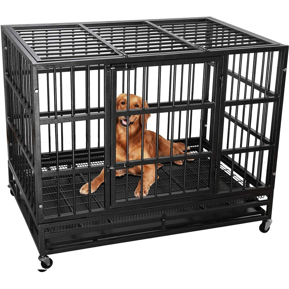 Gabbia per cani BOSSIN da 48/38 pollici, robusta e indistruttibile, a prova di fuga, con ruote bloccabili