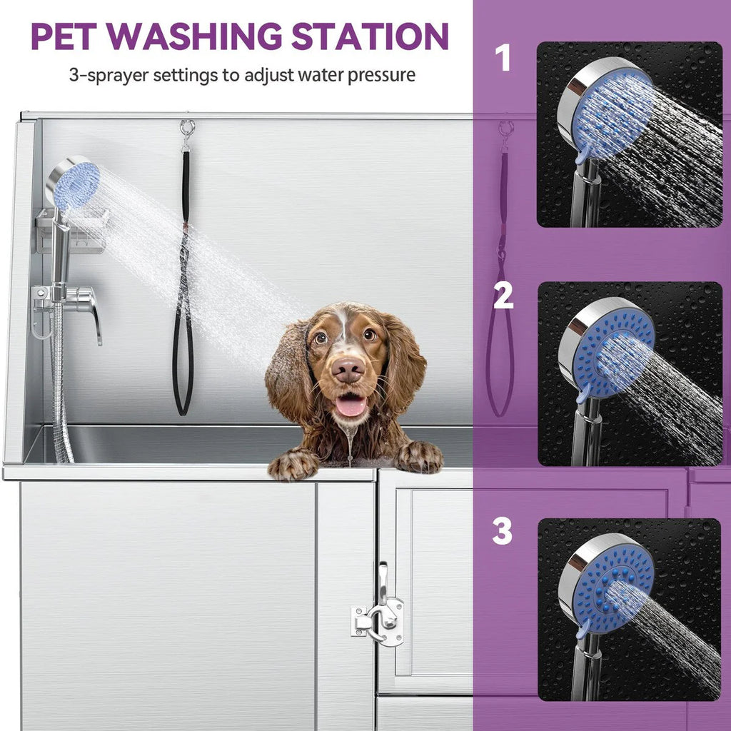 Bañera de aseo para mascotas de acero inoxidable de 50" W ajustable con rampa de escalones