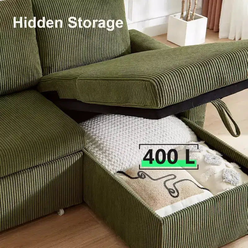 Sofá cama extraíble 2 en 1 Dyonery con chaise longue con almacenamiento, sofá seccional de pana C con puertos USB para sala de estar
