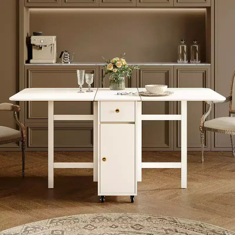 Table à manger pliable ATJafurn de 59 pouces avec rallonges rabattables pour petits espaces, table de cuisine rectangulaire en bois extensible avec roulettes et rangement