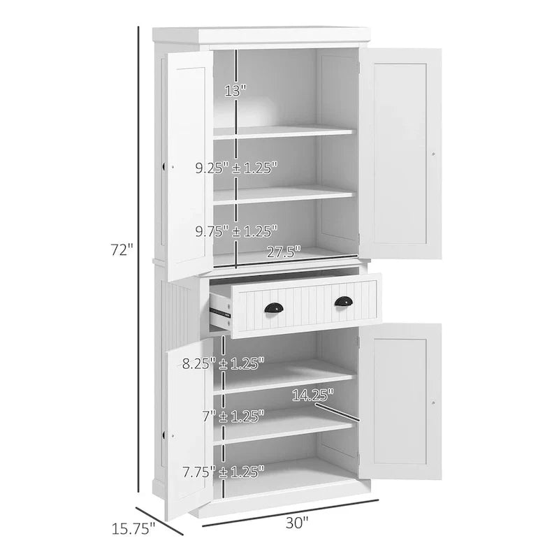 Dispensa da cucina da 72 pollici, mobile tradizionale indipendente con 4 ante e 3 ripiani regolabili, ampio cassetto centrale