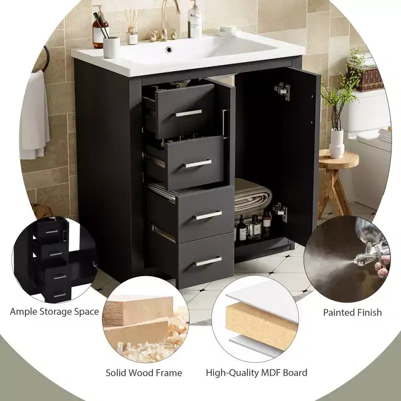 Meuble-lavabo de salle de bains de 30 po à lavabo simple, avec armoire et 3 tiroirs – noir / bleu / vert / indigo / blanc