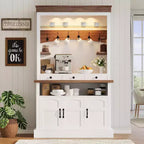 183 cm hoher Kaffeebarschrank im Landhausstil mit LED-Beleuchtung, Küchenbuffet mit Türen und Schublade, verstellbaren Regalböden und geräumigem Stauraum
