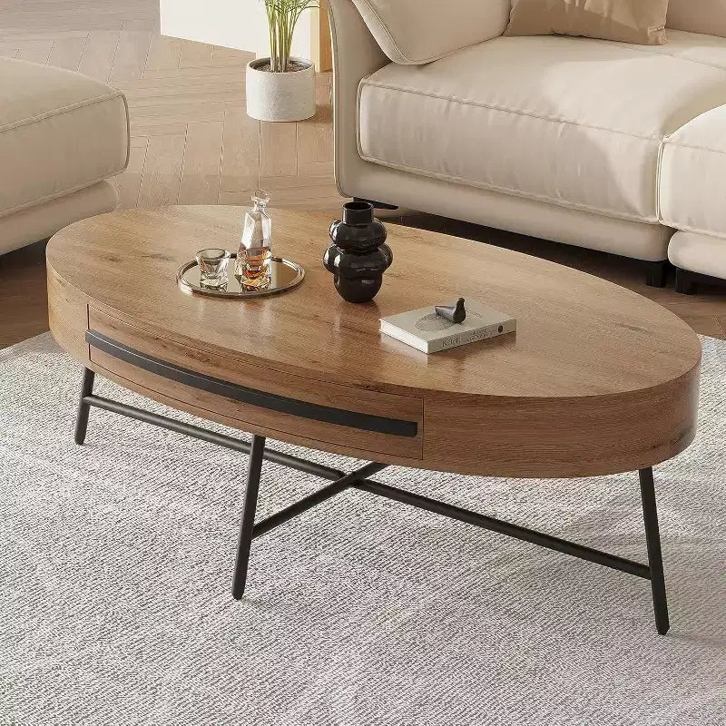 Tavolino da caffè ovale Acekool con cassetto, tavolo contenitore in legno da 47.2 con gambe incrociate in metallo, tavolino centrale moderno di metà secolo in finitura naturale e salice dorato