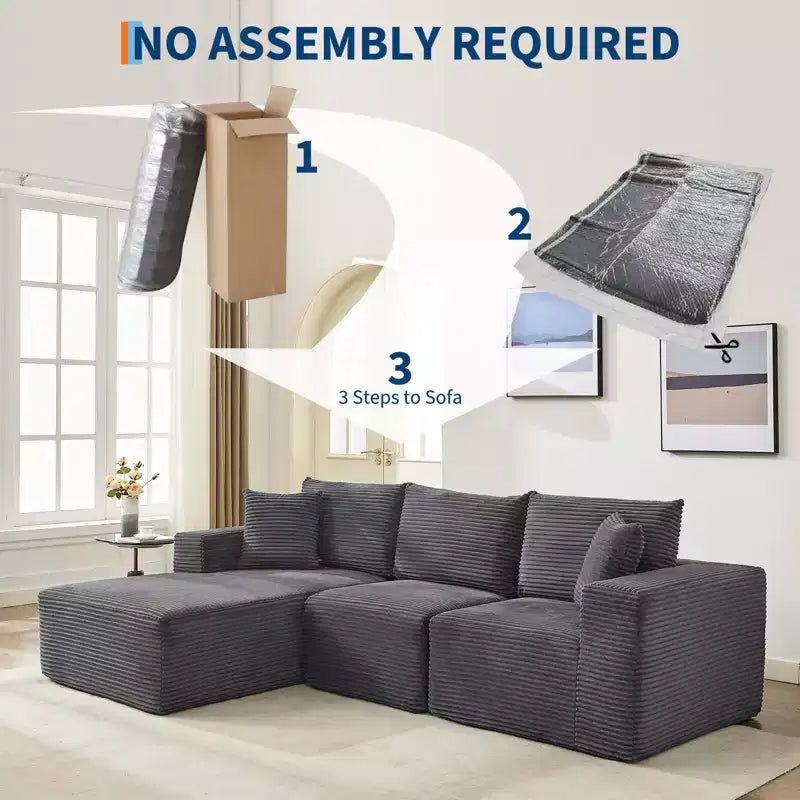 Sofá moderno 108, sofá tapizado de 3 plazas en forma de L con cojines, asiento profundo, no requiere montaje