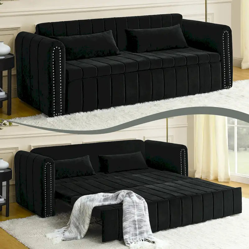 Aksamitna tapicerowana nowoczesna sofa wypoczynkowa z funkcją spania, rozkładana, z podłokietnikami w kształcie wałków i ozdobiona miedzianymi ćwiekami